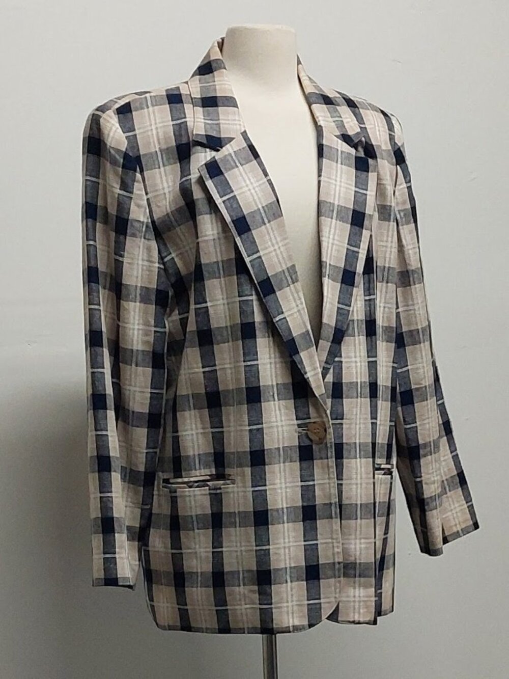 [VTG] 80’s Requirements Tan & Navy Single-Button Linen-Blend Blazer Size: 18
